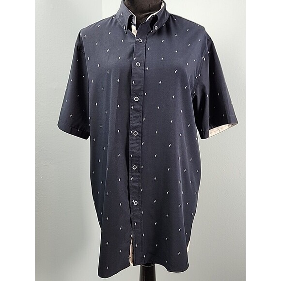 Fried Denim NYC Mens Short Sleeve XL Button Shirt Navy Blue Slim Fit Lightning - Picture 1 of 11